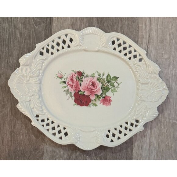 Set Of 3 Vintage Floral Porcelain Plates With Intricate Cutout Design & Pink Ros - Picture 3 of 16